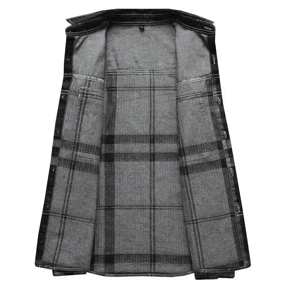Fashion Plaid Denim Long-sleeved mens denim shirt Slim fit Jeans Shirt for men Denim top for men