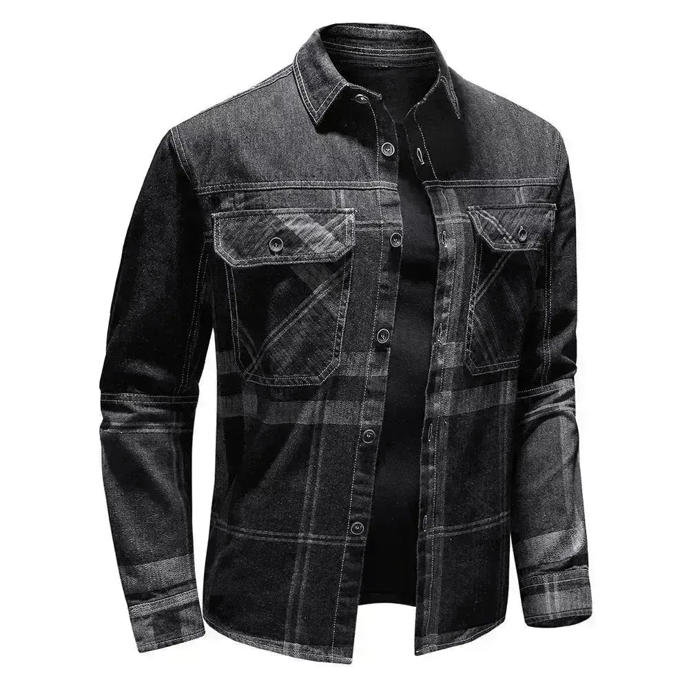 Fashion Plaid Denim Long-sleeved mens denim shirt Slim fit Jeans Shirt for men Denim top for men
