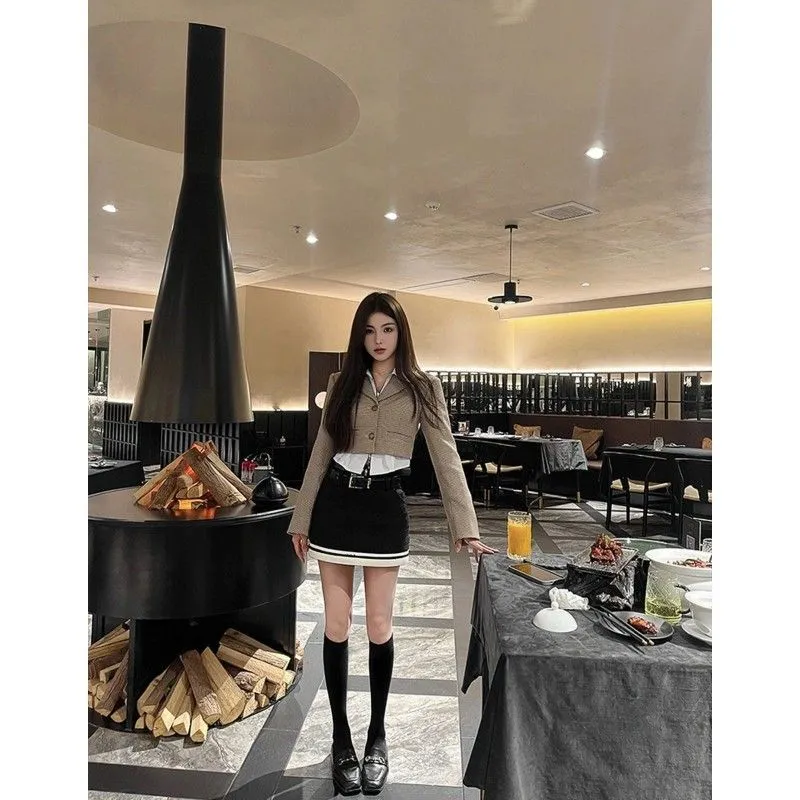 Fashionkova style mistakes French Socialite Fashion Retro Plaid Suit Jacket Irregular Shirt Skirt Three-Piece Set Autumn and Winter