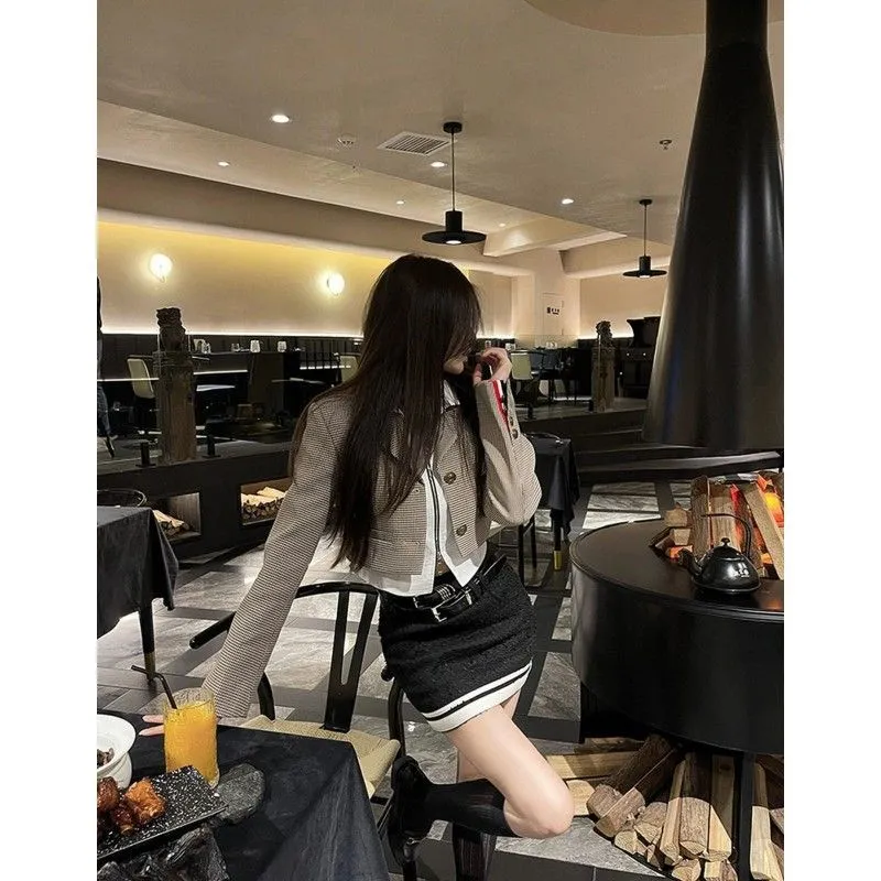 Fashionkova style mistakes French Socialite Fashion Retro Plaid Suit Jacket Irregular Shirt Skirt Three-Piece Set Autumn and Winter