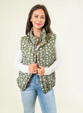 Floral Print Front Zipper Puffer Vest - Olive