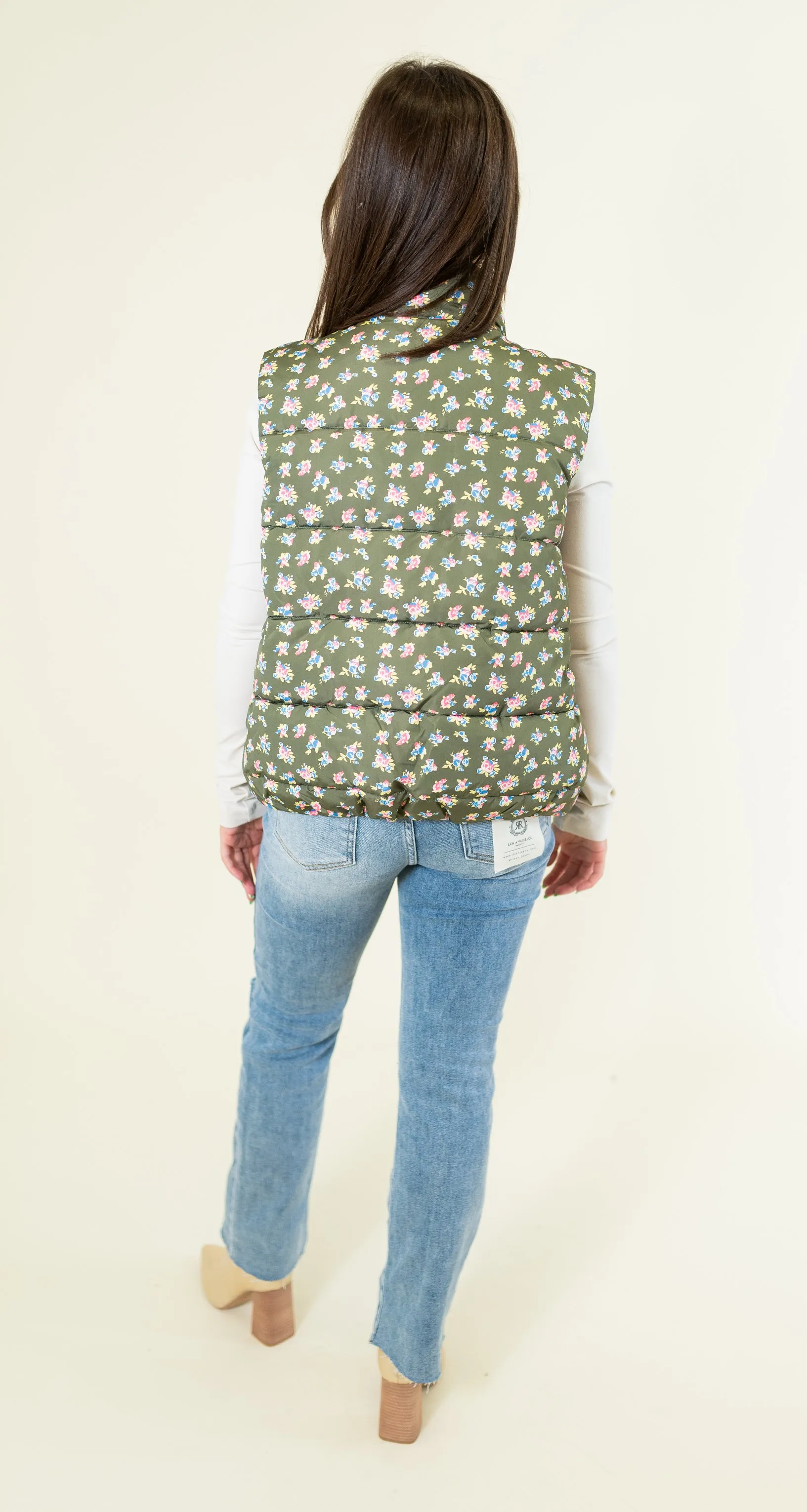 Floral Print Front Zipper Puffer Vest - Olive
