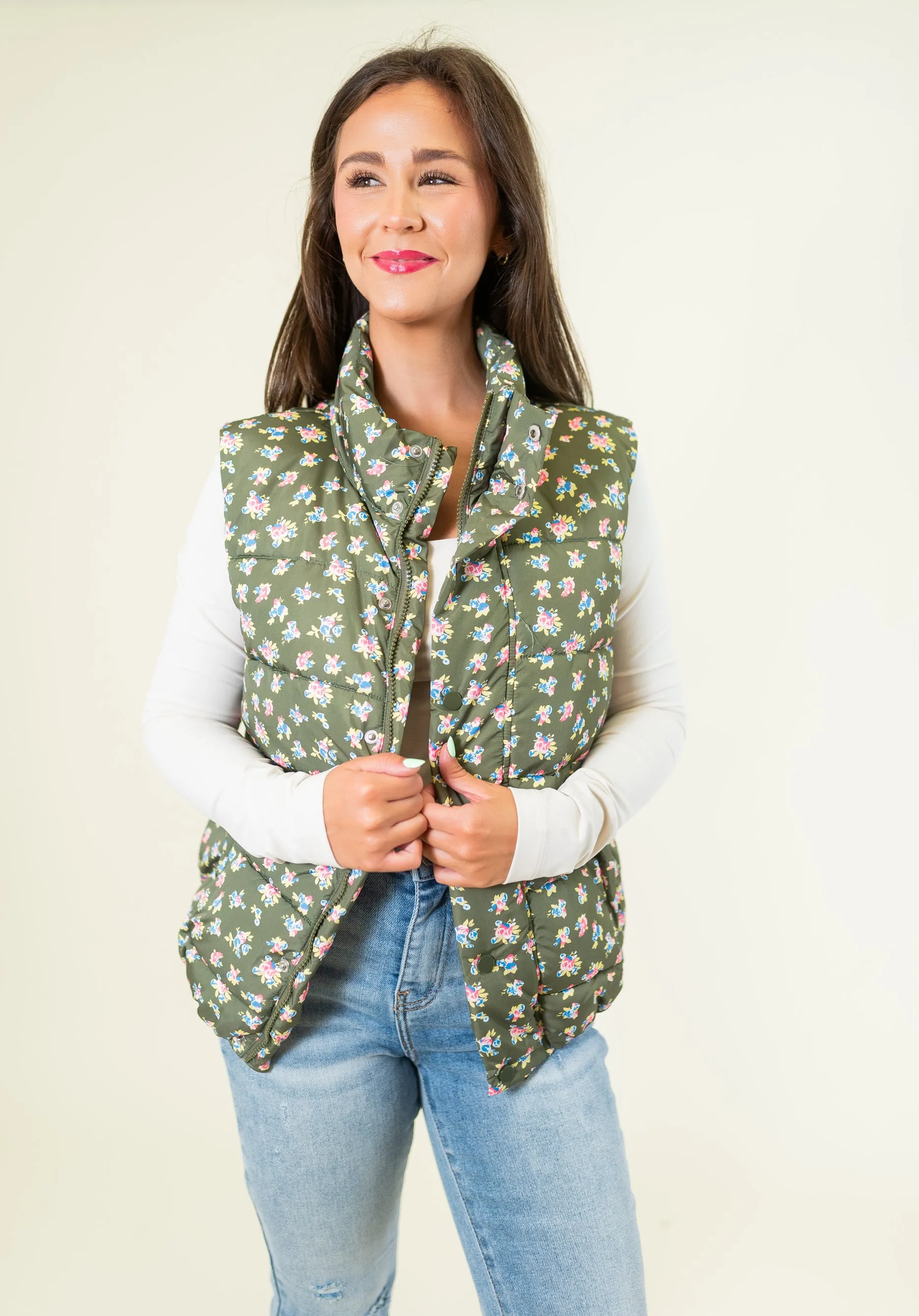 Floral Print Front Zipper Puffer Vest - Olive