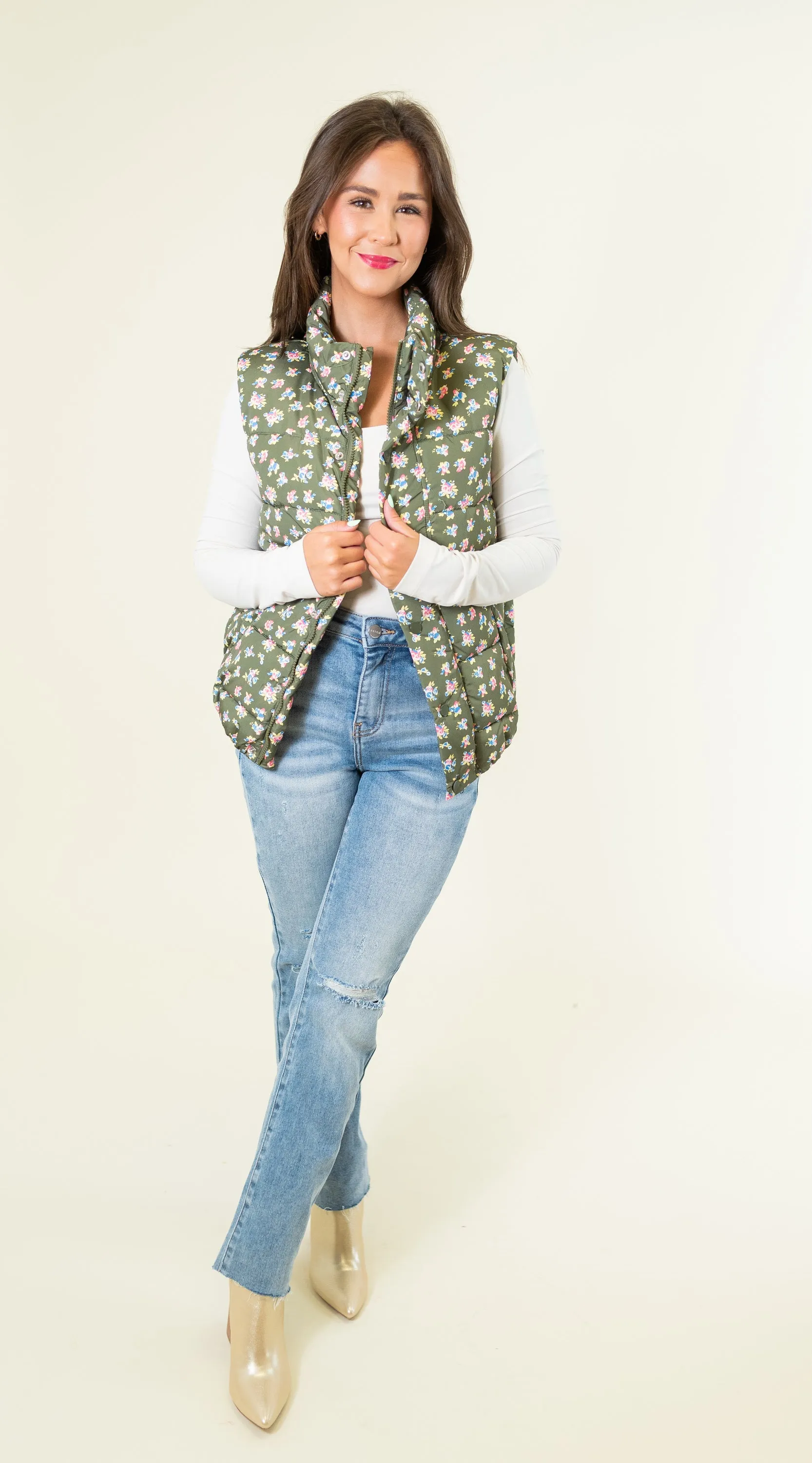 Floral Print Front Zipper Puffer Vest - Olive