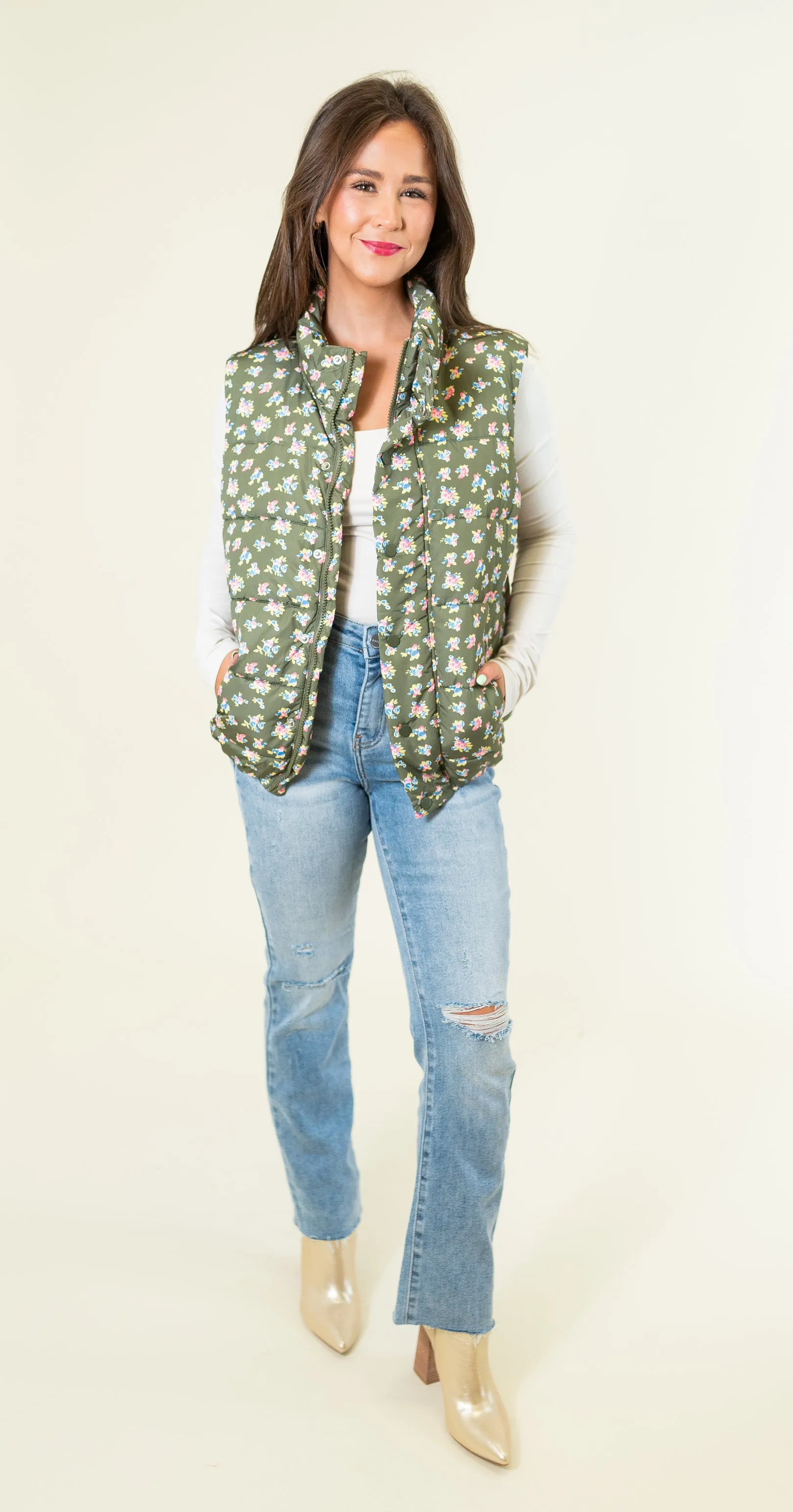 Floral Print Front Zipper Puffer Vest - Olive