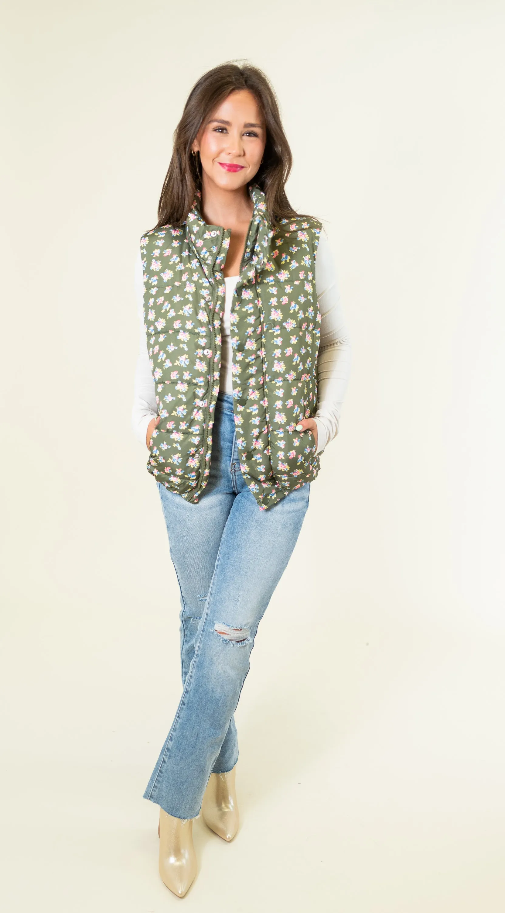 Floral Print Front Zipper Puffer Vest - Olive