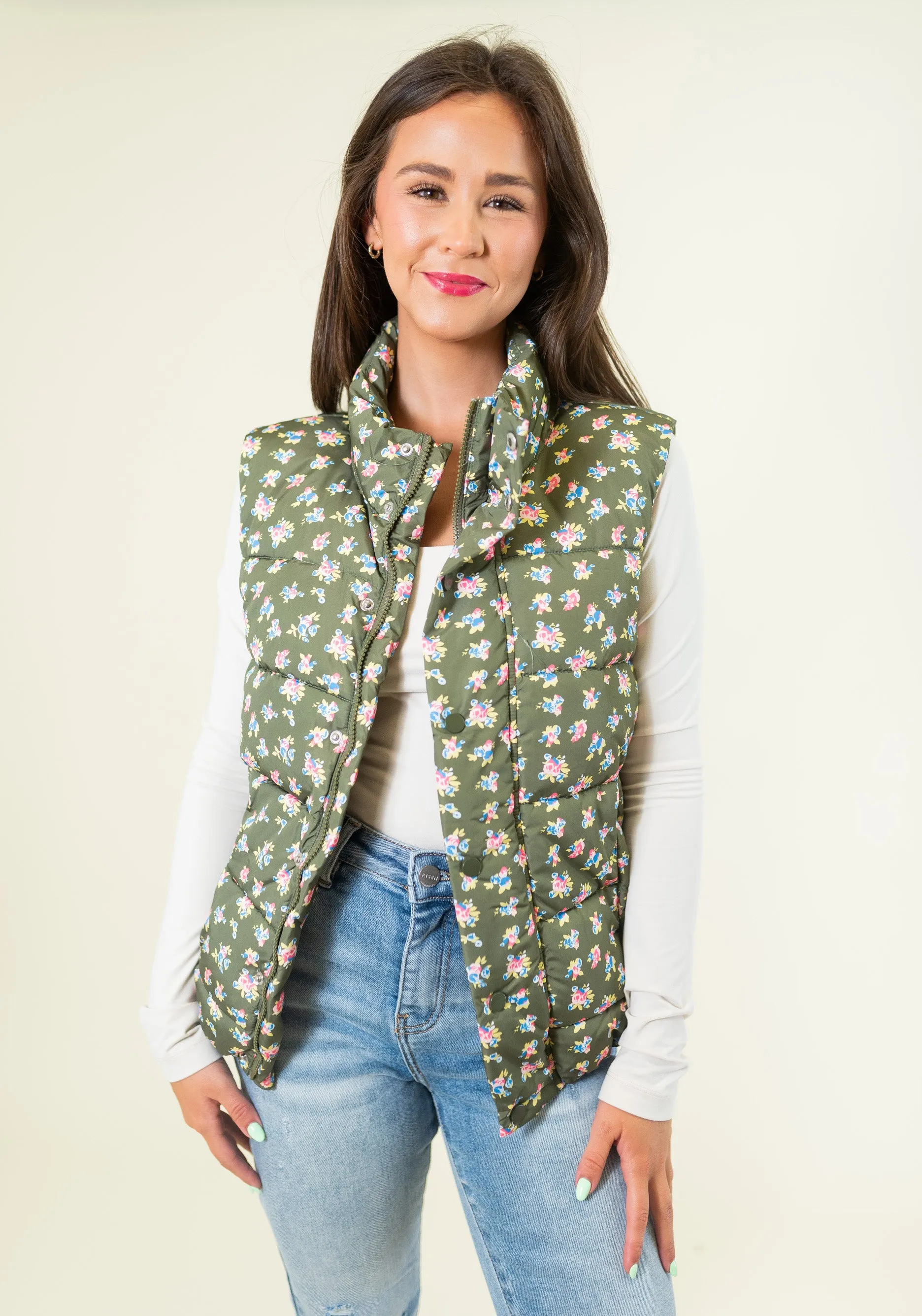 Floral Print Front Zipper Puffer Vest - Olive