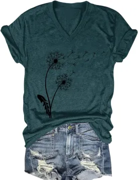 Flower Kindly Shirt for Women Funny Wildflower Plant T-Shirt Bohemian Summer Vacation V Neck Tops
