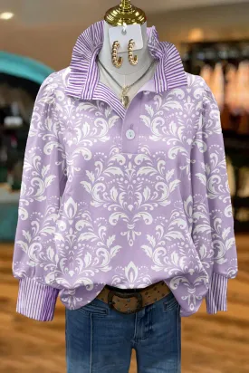 Fresh Print Striped Stand Collar Top
