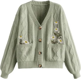 GORGLITTER Women's Flower Embroidery Button Up Cute Cardigan Chunky Cable Knit Oversized Fall Trendy 2025 Sweaters