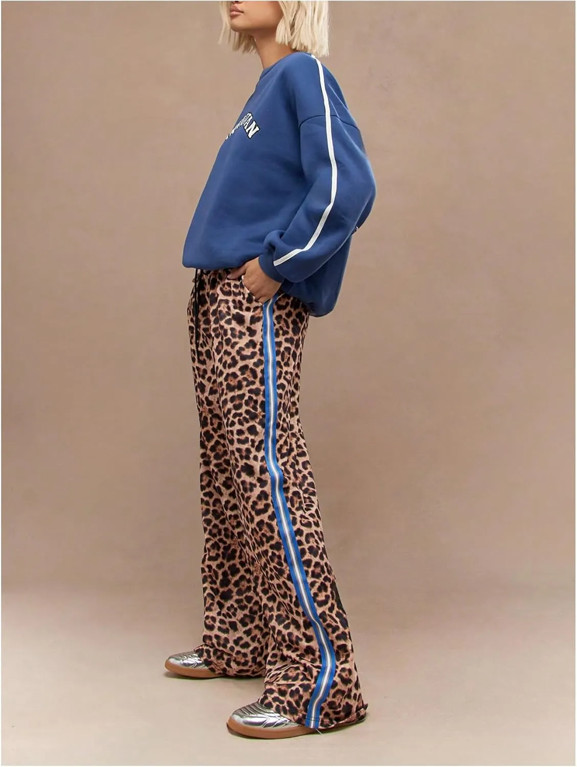 GORGLITTER Women's Leopard Wide Leg Pants Stripe Elastic High Waisted Sweatpants