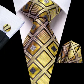Hi-Tie Necktie Yellow Novelty Plaid Tie Pocket Square Cufflinks Set