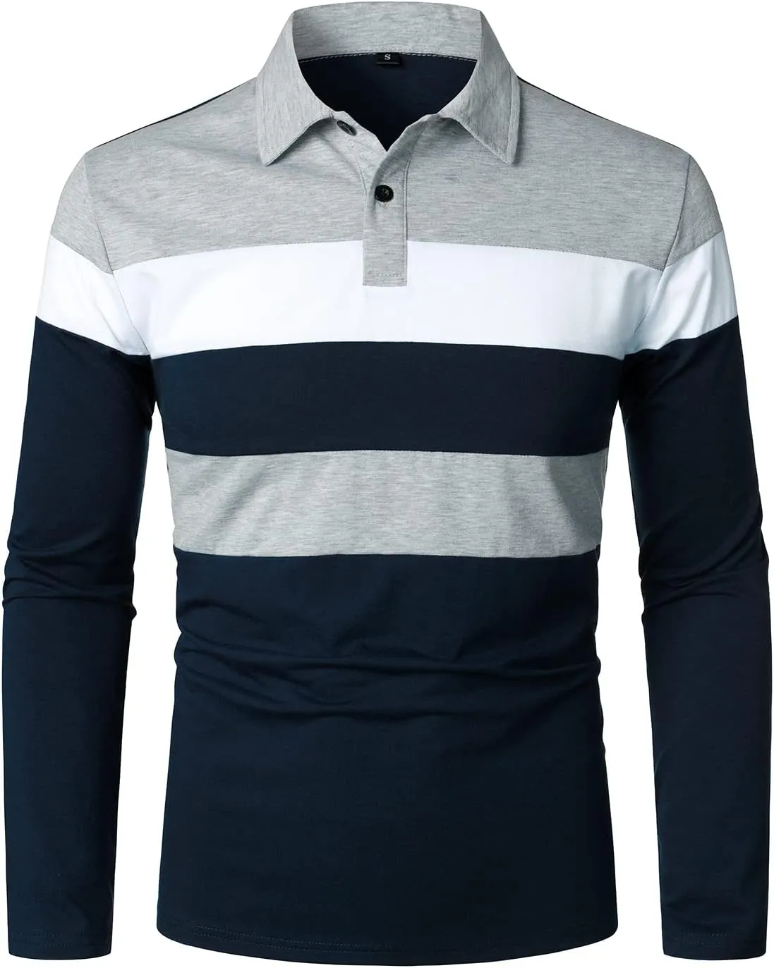 HOOD CREW Mens Long Sleeve Shirts Fashion Color Block Striped Polo Shirt