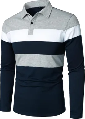 HOOD CREW Mens Long Sleeve Shirts Fashion Color Block Striped Polo Shirt