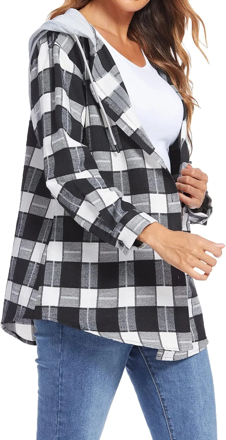 HOTOUCH Hooded Flannel Shirt Women Plaid Jacket Shacket Long Sleeve Button Down Blouse Casual Fashion Boyfriend Top Pocketed