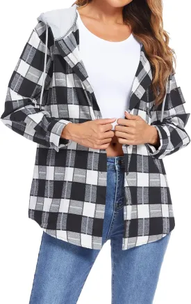 HOTOUCH Hooded Flannel Shirt Women Plaid Jacket Shacket Long Sleeve Button Down Blouse Casual Fashion Boyfriend Top Pocketed