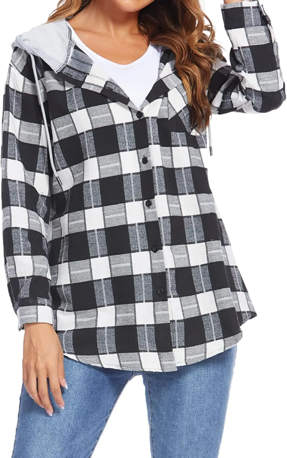 HOTOUCH Hooded Flannel Shirt Women Plaid Jacket Shacket Long Sleeve Button Down Blouse Casual Fashion Boyfriend Top Pocketed