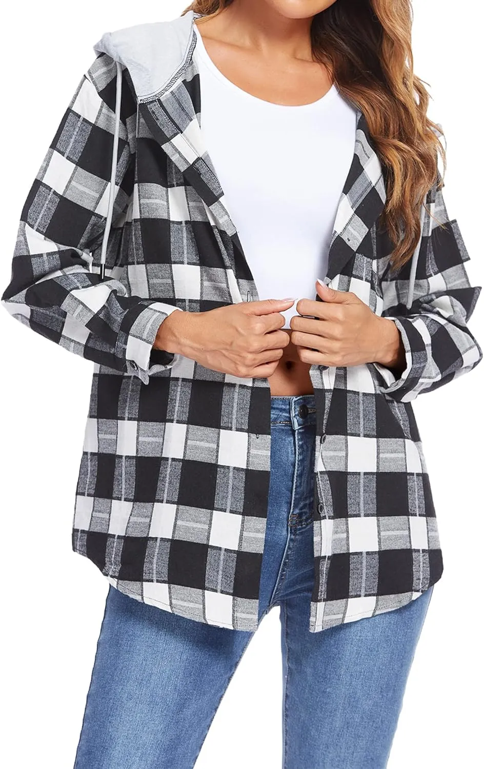 HOTOUCH Hooded Flannel Shirt Women Plaid Jacket Shacket Long Sleeve Button Down Blouse Casual Fashion Boyfriend Top Pocketed