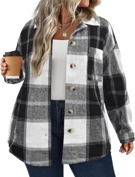 IN'VOLAND Women's Plus Size Plaid Shacket Long Sleeve Button Down Flannel Shirts Casual Jacket Coats