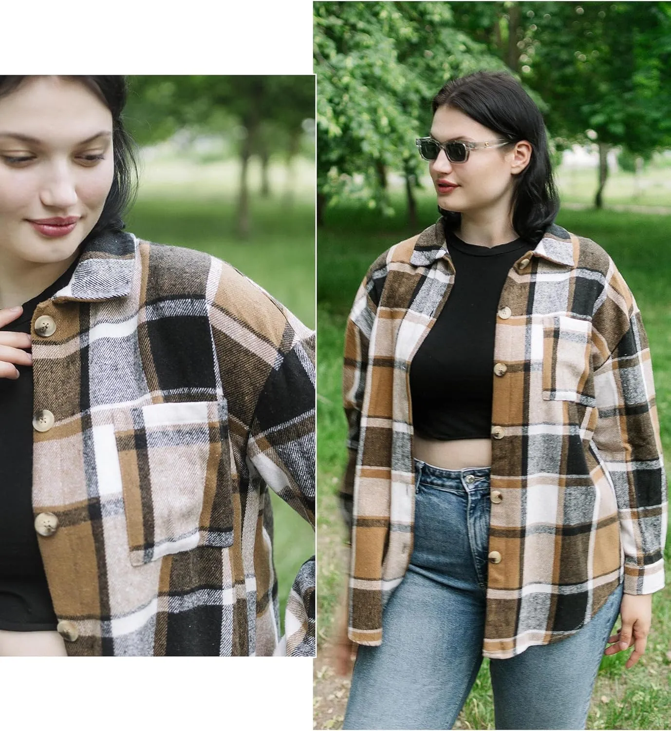 IN'VOLAND Women's Plus Size Plaid Shacket Long Sleeve Button Down Flannel Shirts Casual Jacket Coats