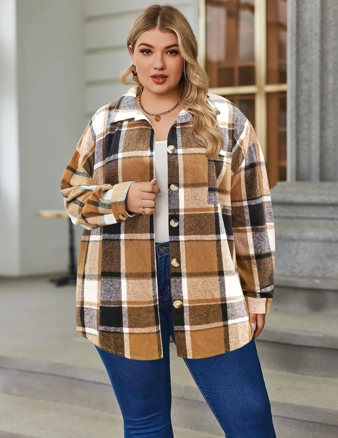 IN'VOLAND Women's Plus Size Plaid Shacket Long Sleeve Button Down Flannel Shirts Casual Jacket Coats
