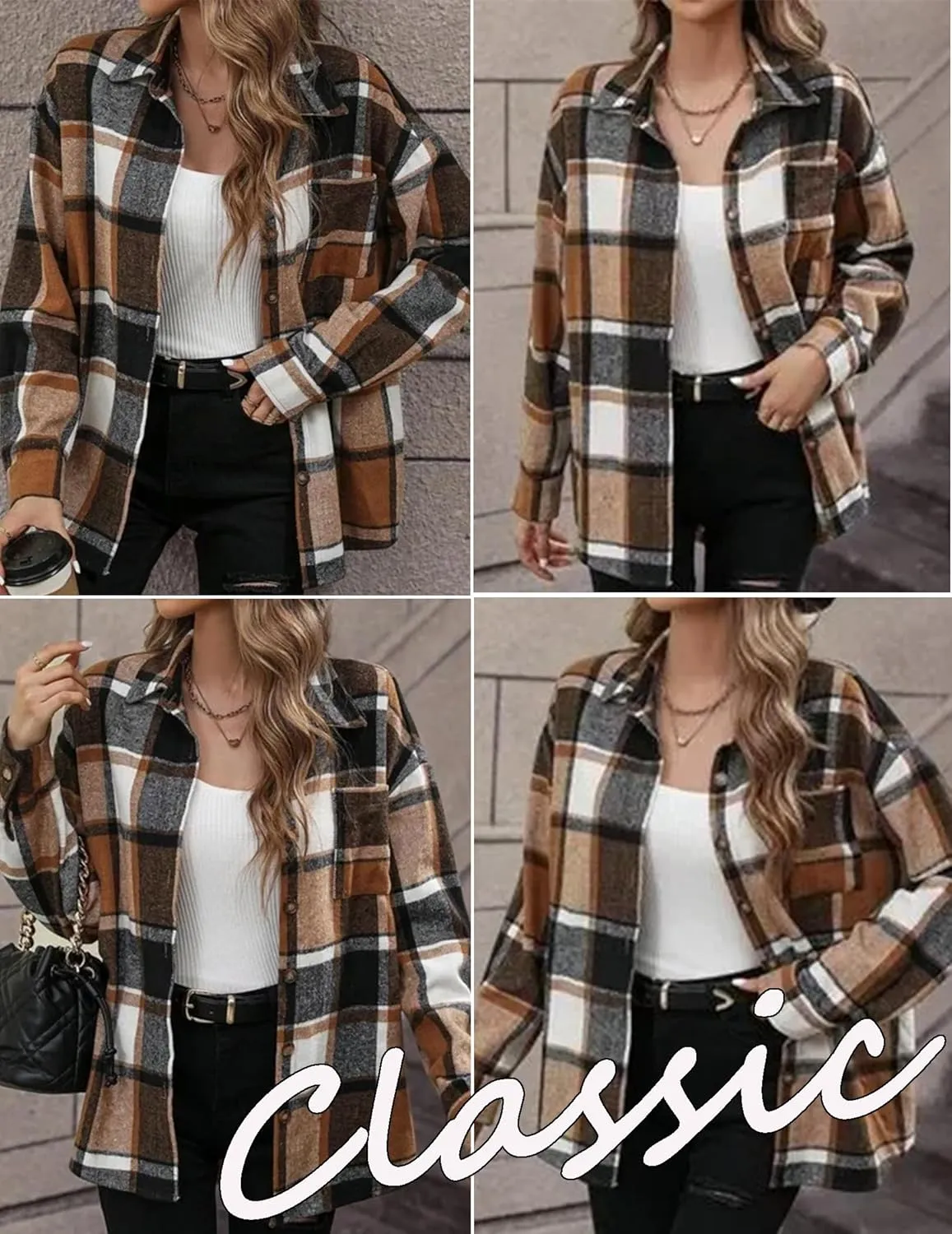 IN'VOLAND Women's Plus Size Plaid Shacket Long Sleeve Button Down Flannel Shirts Casual Jacket Coats