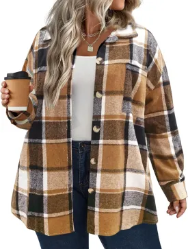 IN'VOLAND Women's Plus Size Plaid Shacket Long Sleeve Button Down Flannel Shirts Casual Jacket Coats