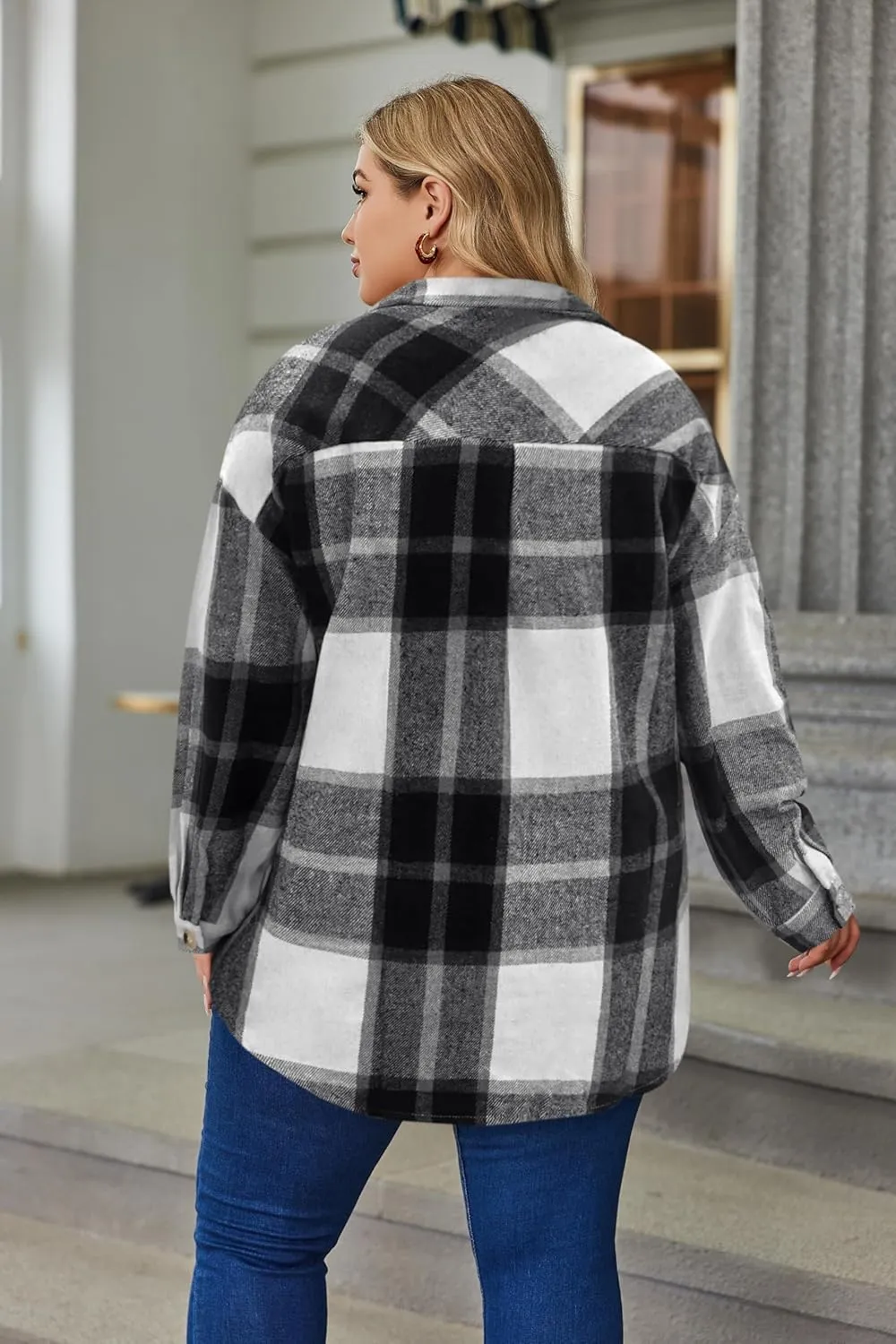 IN'VOLAND Women's Plus Size Plaid Shacket Long Sleeve Button Down Flannel Shirts Casual Jacket Coats
