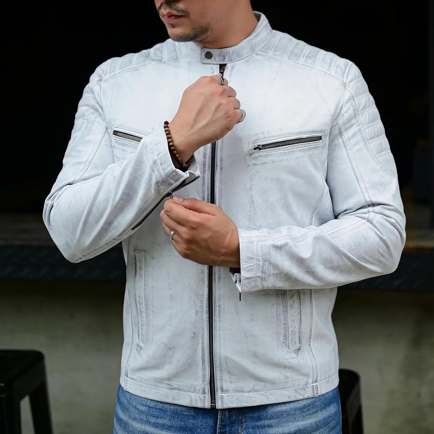 Jild Timeless Classic Leather Jacket Men - Biker Style Real Lambskin Caf Racer Vintage Look Motorcycle Jackets for Men