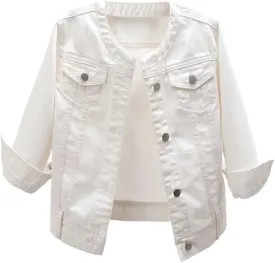 Kedera Women Denim Jacket Button Down Collarless 3/4 Sleeve Cropped Jean Jacket