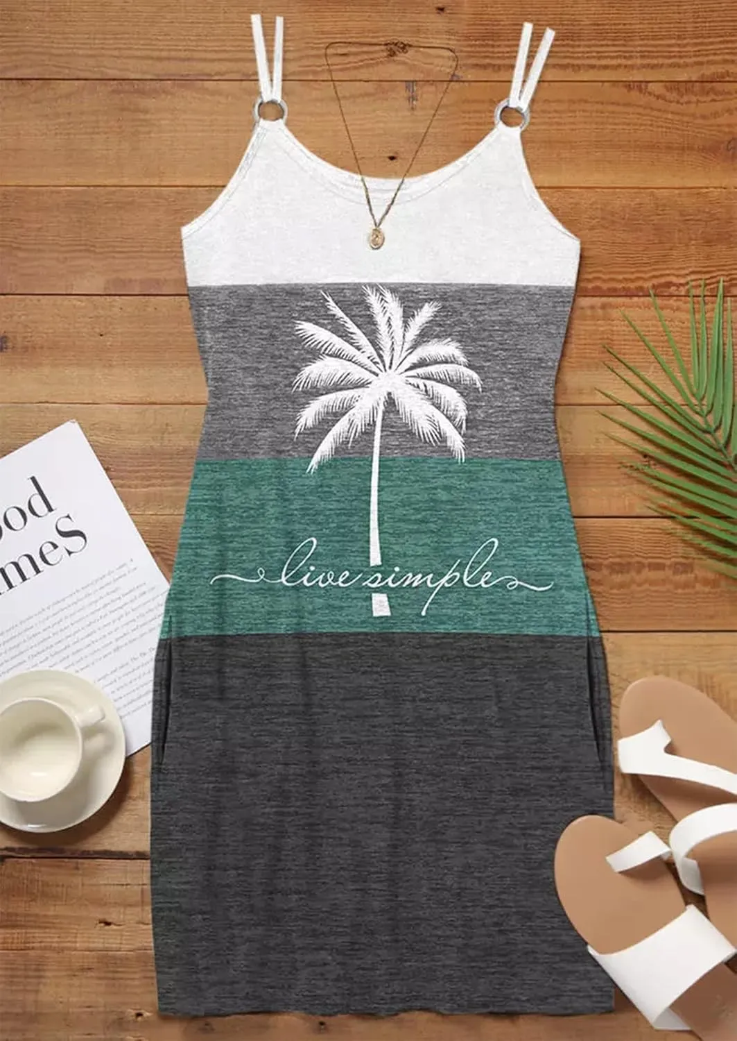 Live Simple Coconut Tree Color Block Pocket Mini Dress Women Summer Beach Sleeveless Strap Tshirt