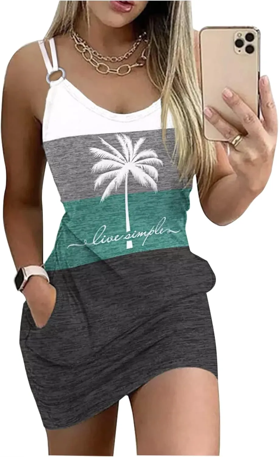 Live Simple Coconut Tree Color Block Pocket Mini Dress Women Summer Beach Sleeveless Strap Tshirt