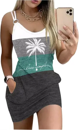 Live Simple Coconut Tree Color Block Pocket Mini Dress Women Summer Beach Sleeveless Strap Tshirt