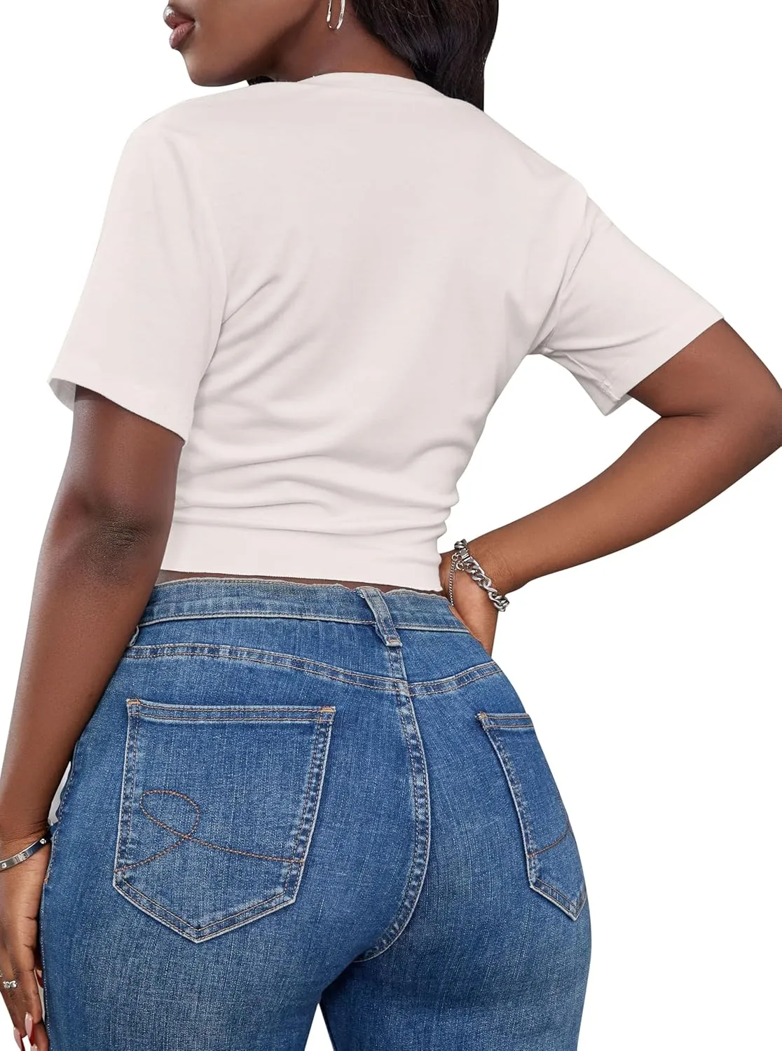 LovelyWholesale Graphic Crop Tops for Women Sexy Tie Front Top Summer Short Sleeve V Neck T Shirt