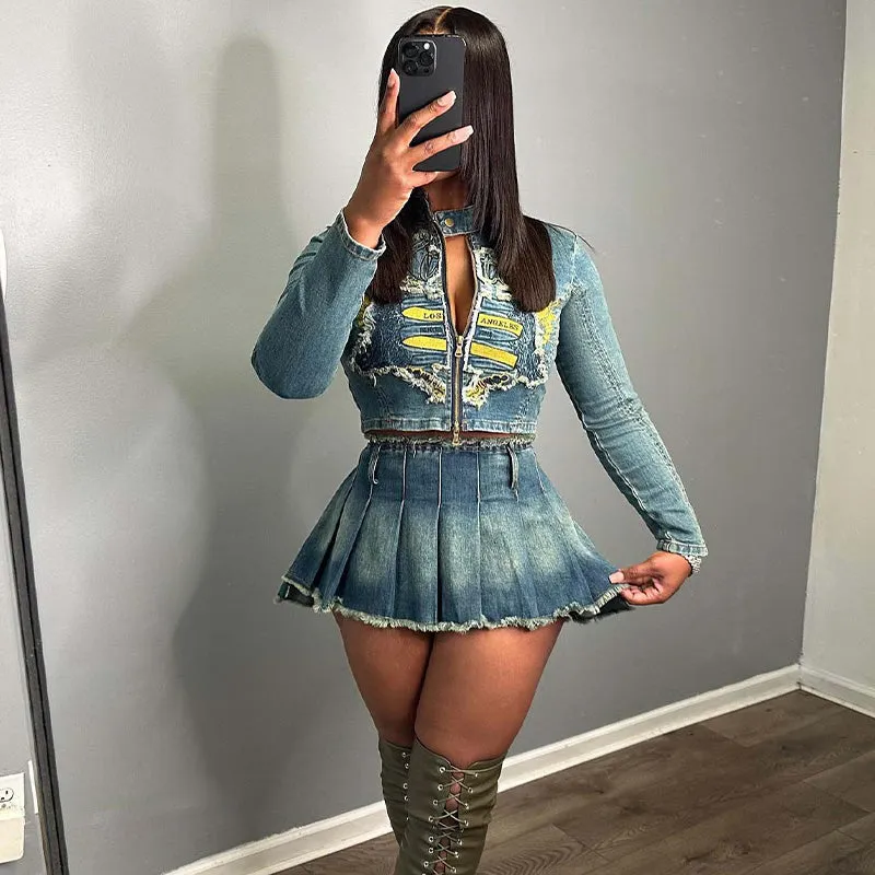 MB FASHION Distressed Denim Crop Jacket and Pleated Mini Skirt Set 8088LY