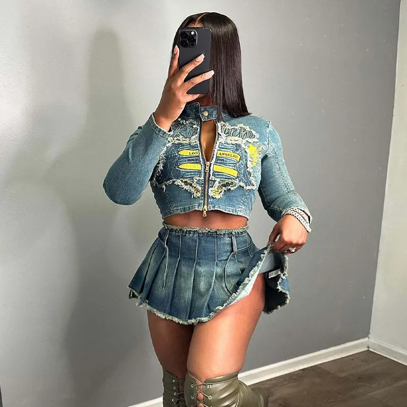 MB FASHION Distressed Denim Crop Jacket and Pleated Mini Skirt Set 8088LY