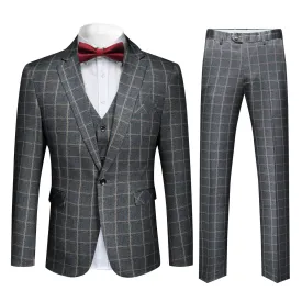 Men's 3-Piece Plaid Casual Suit Grey