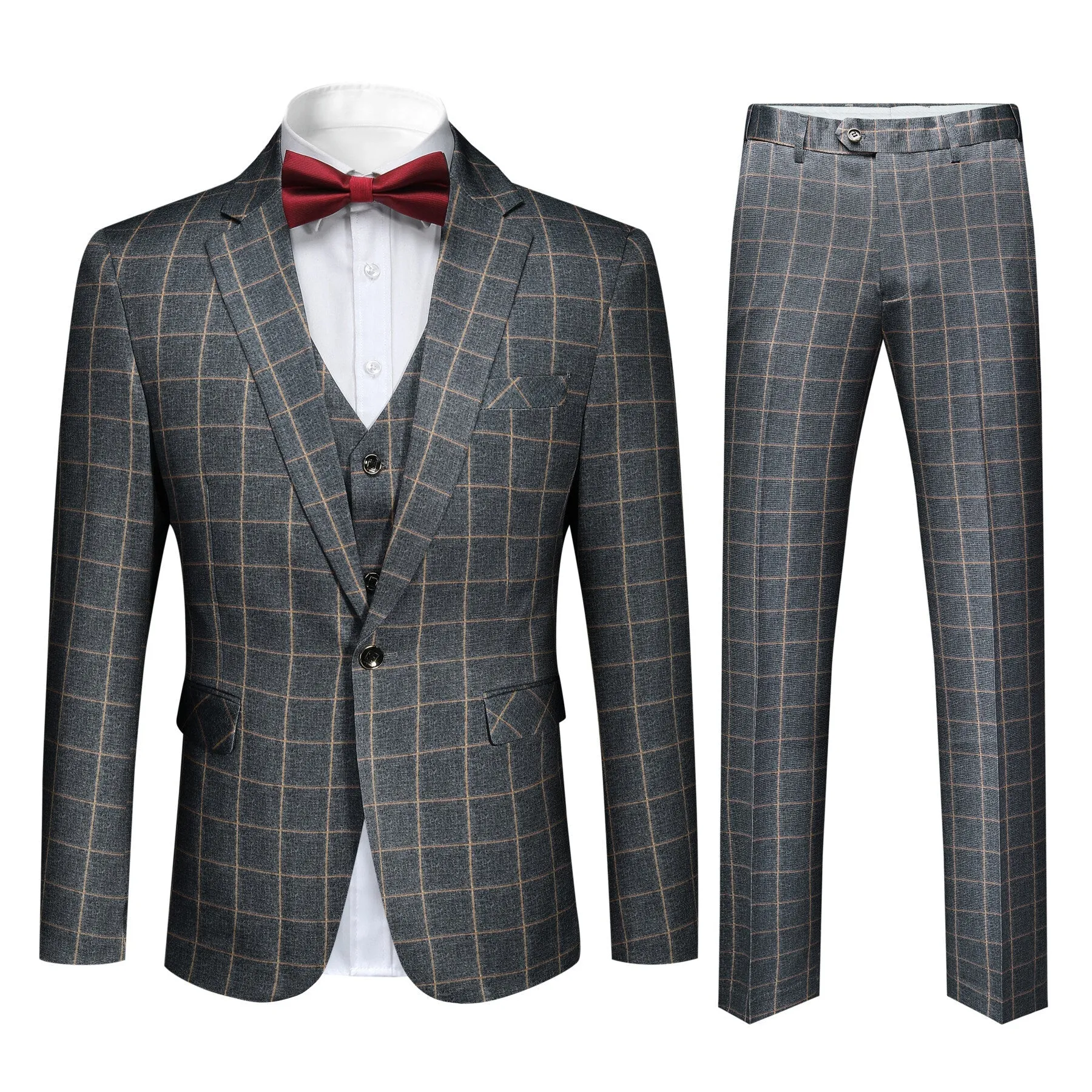 Men's 3-Piece Plaid Casual Suit Grey