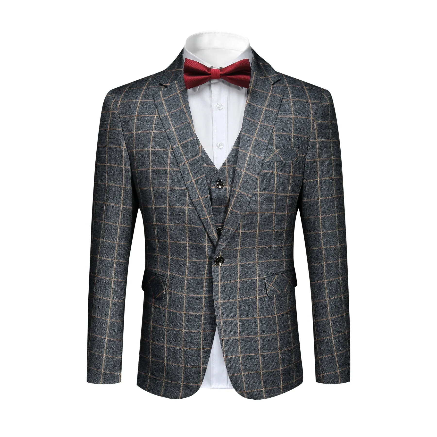 Men's 3-Piece Plaid Casual Suit Grey