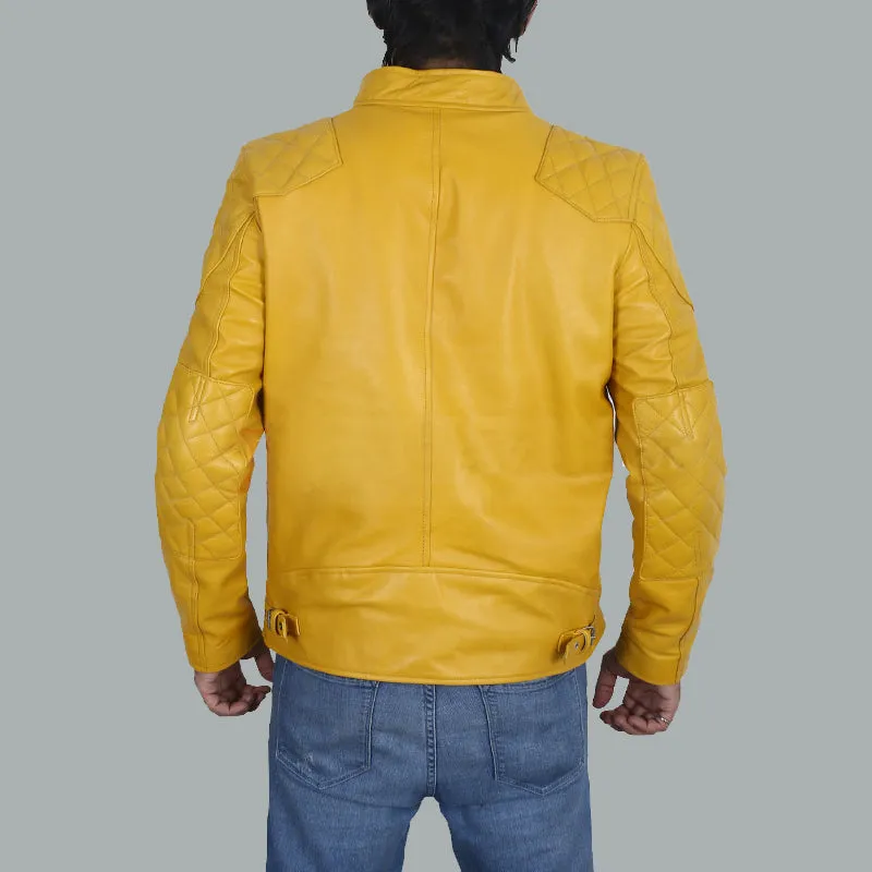 Mens Cafe Racer Yellow Leather Biker Jacket
