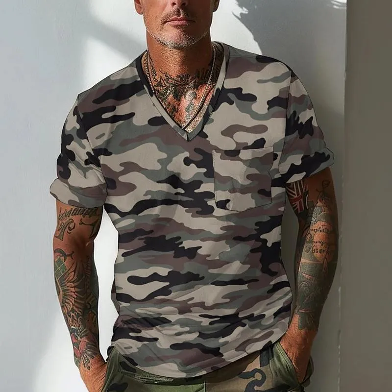 Men's Camouflage Retro V-neck Casual Short Sleeve T-shirt 70963890X