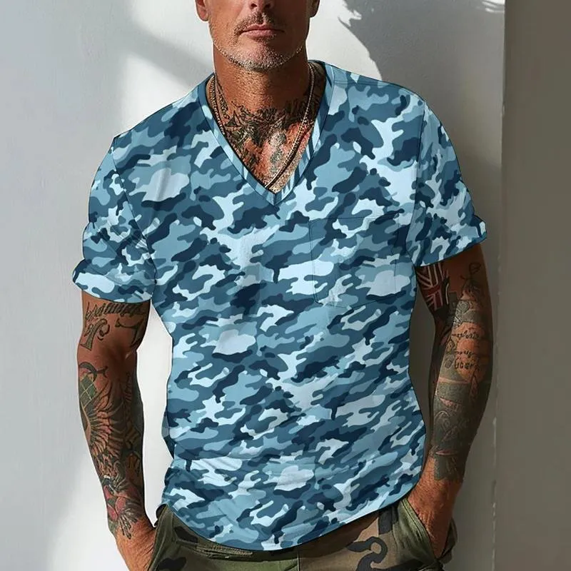 Men's Camouflage Retro V-neck Casual Short Sleeve T-shirt 70963890X