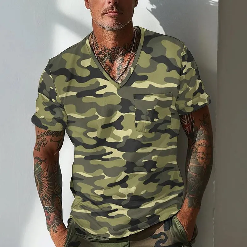 Men's Camouflage Retro V-neck Casual Short Sleeve T-shirt 70963890X