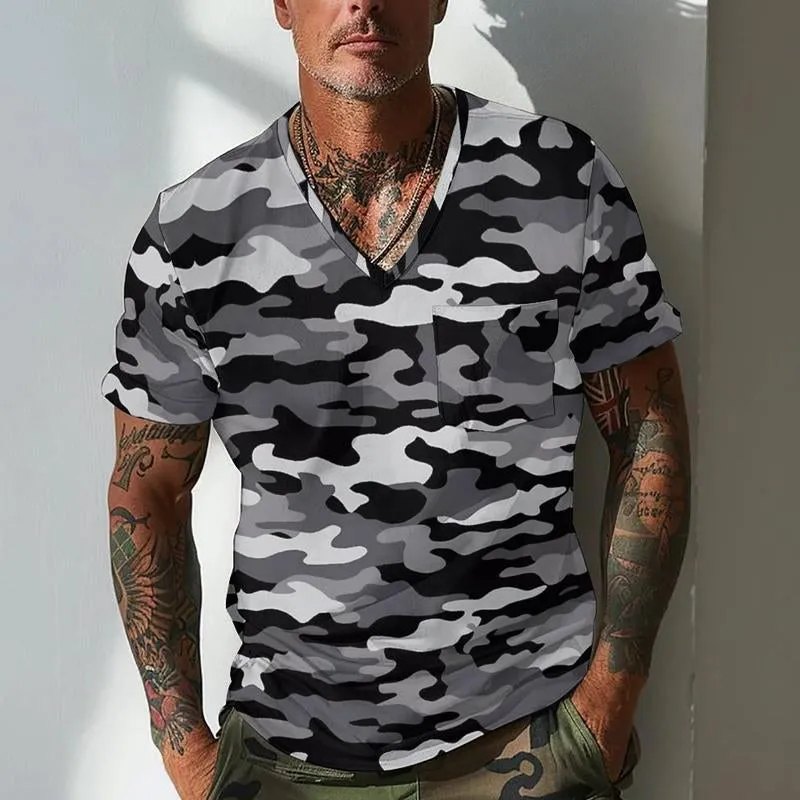 Men's Camouflage Retro V-neck Casual Short Sleeve T-shirt 70963890X
