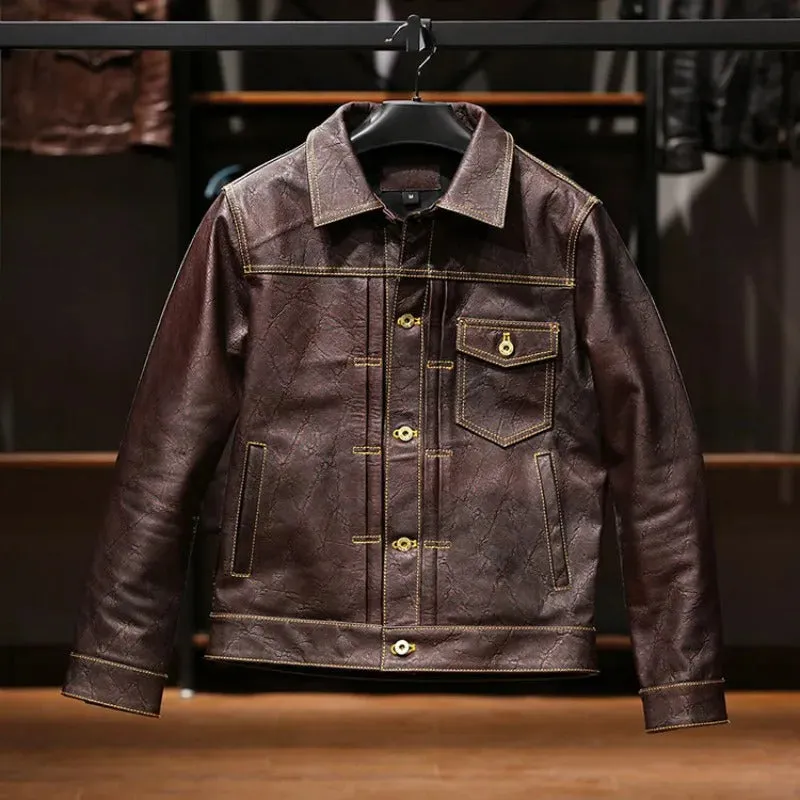 Men's Punk Motorcycle Biker Genuine Cowhide Leather Jacket