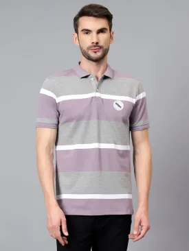 Men's Purple Striped Polo Neck Half Sleeve T-shirt