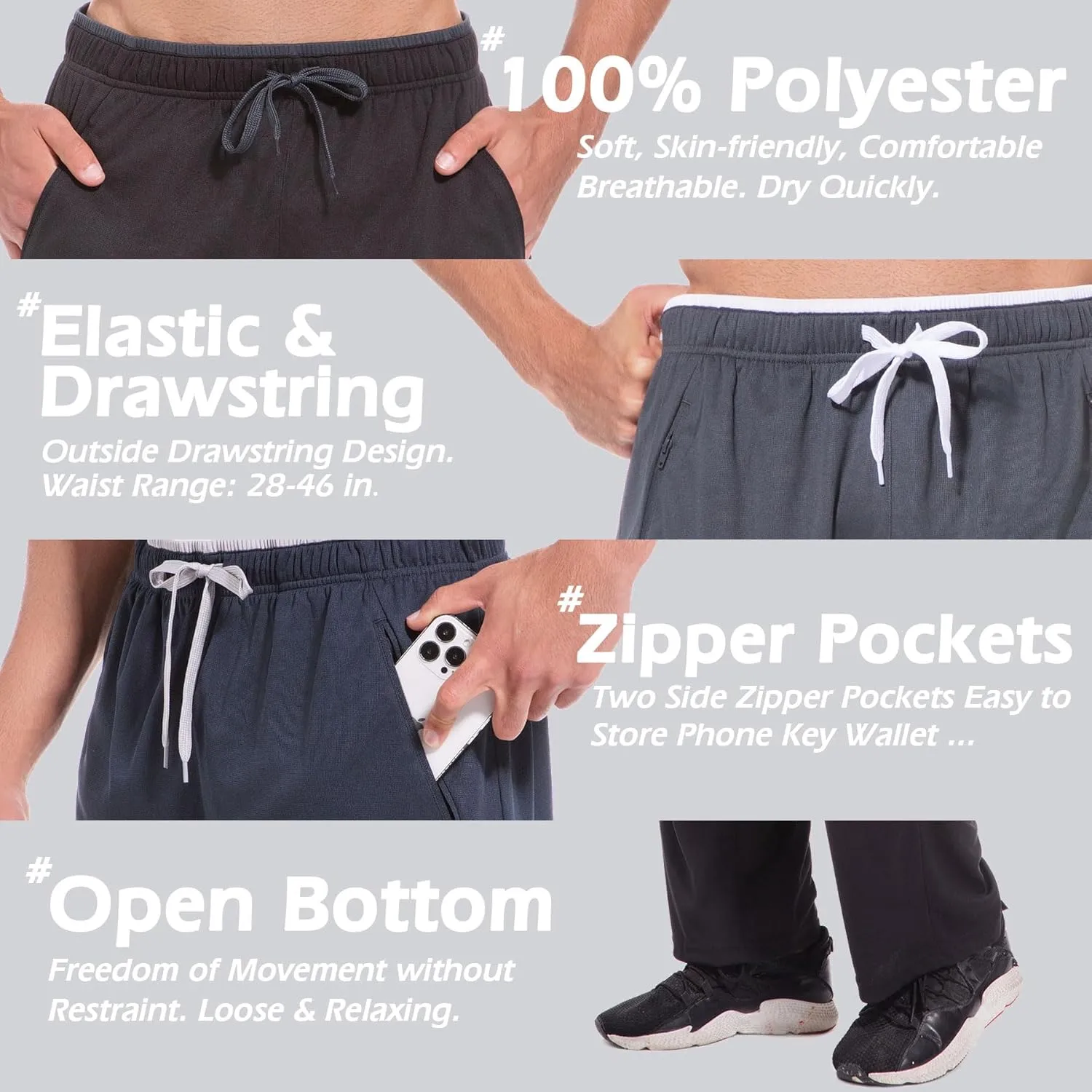 Mens Sweatpants with Zipper Pockets Open Bottom Athletic Pants for Workout,Running,Training,Jogging,Gym