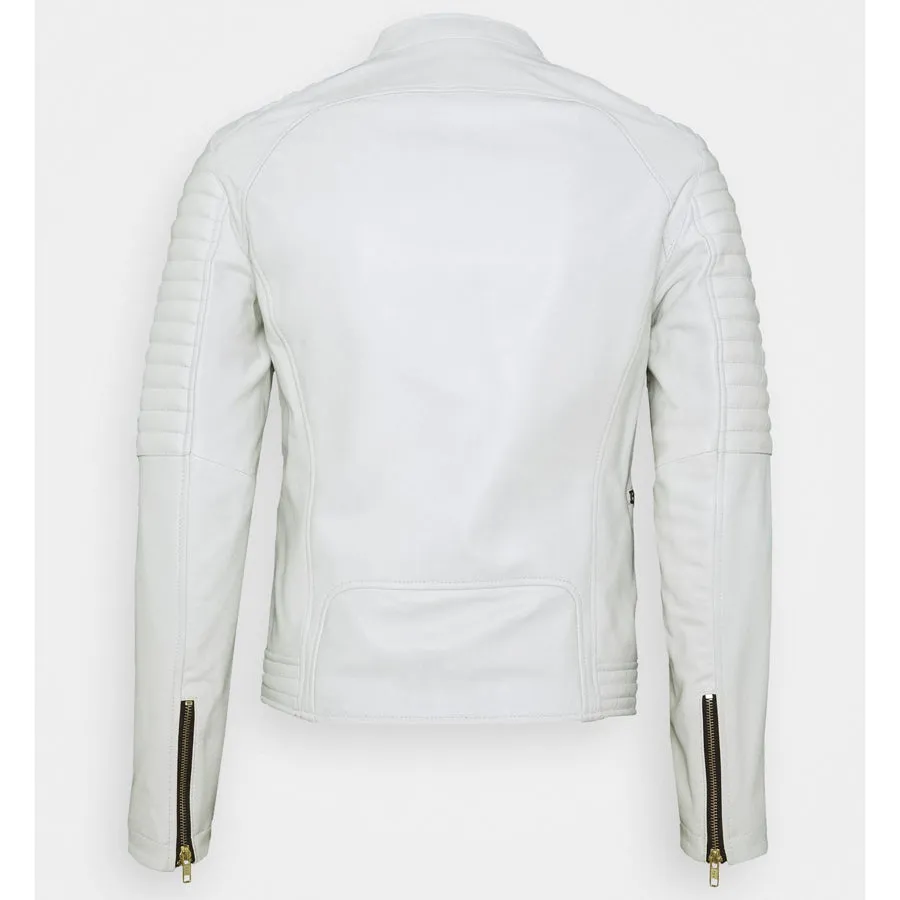 Mens White Leather Biker Jacket