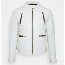 Mens White Leather Biker Jacket