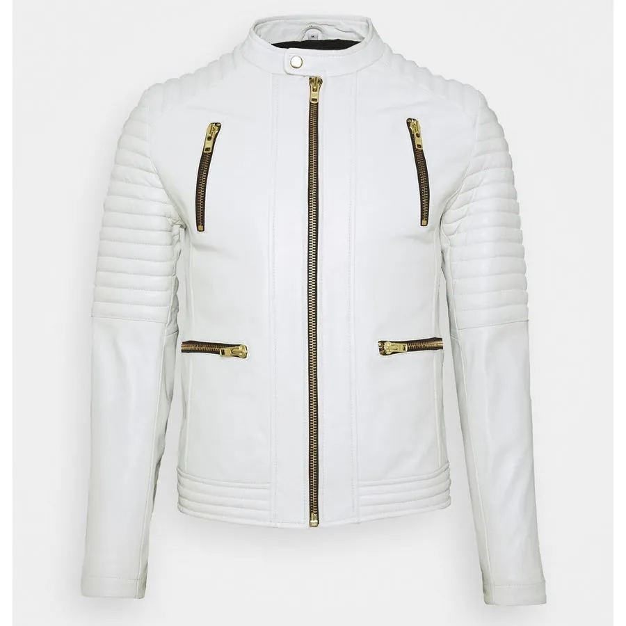 Mens White Leather Biker Jacket